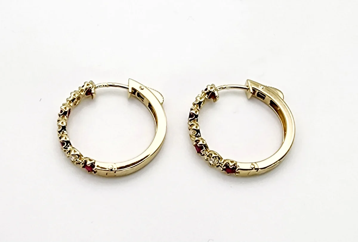 Natural Ruby & Diamond Hoop Earrings in 9ct Yellow Gold