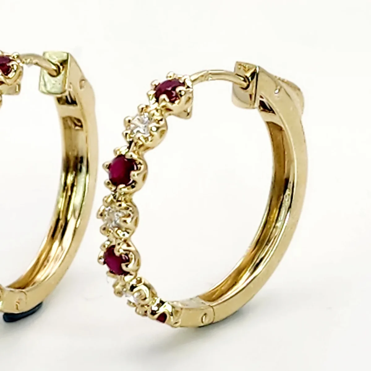 Natural Ruby & Diamond Hoop Earrings in 9ct Yellow Gold