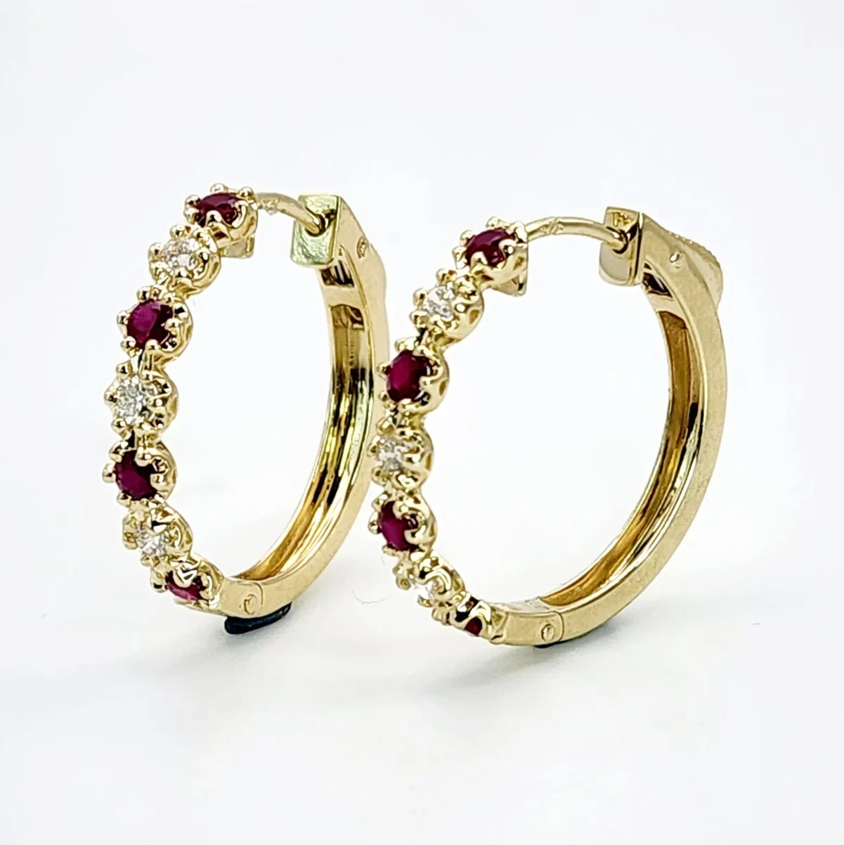 Natural Ruby & Diamond Hoop Earrings in 9ct Yellow Gold