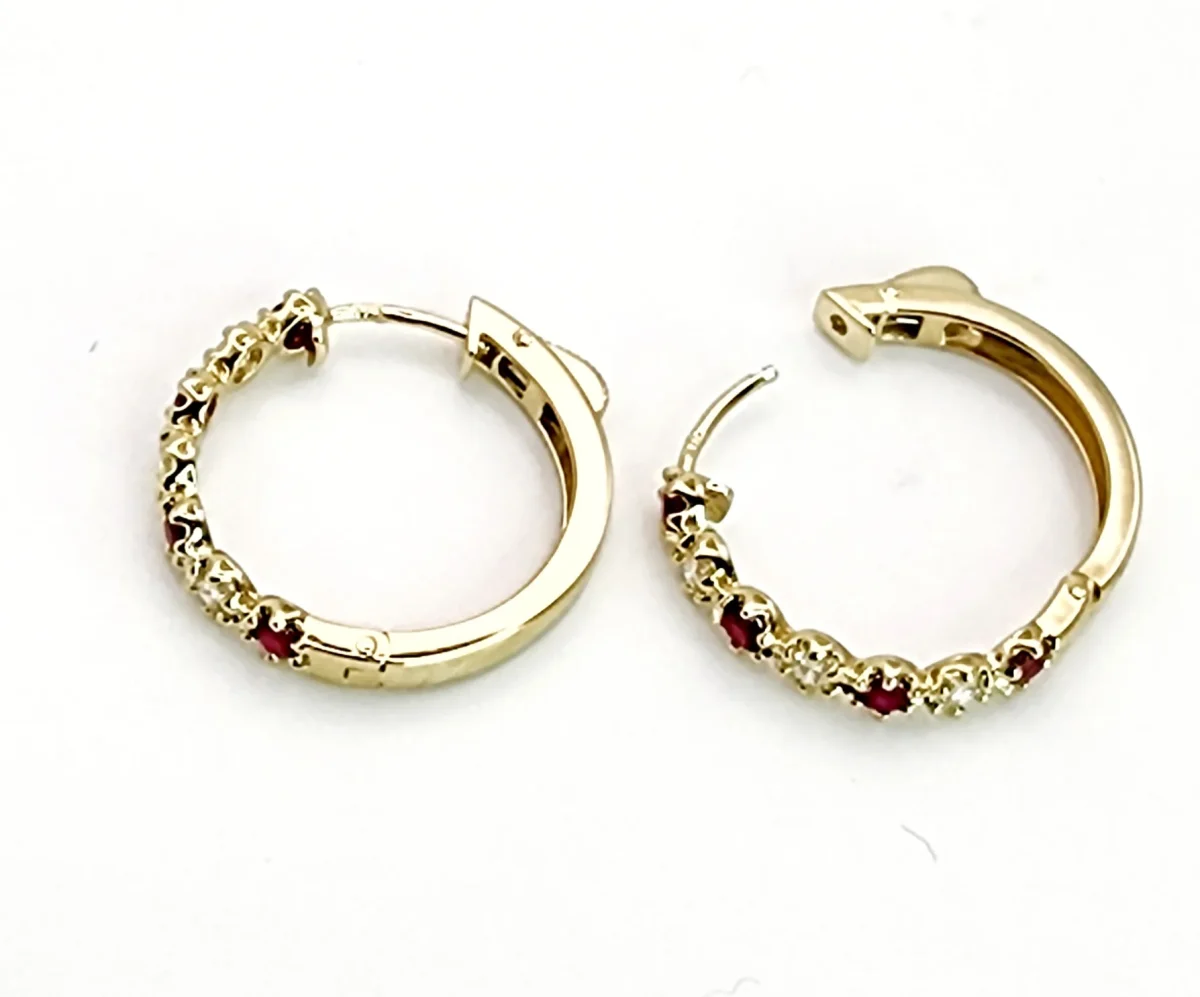 Natural Ruby & Diamond Hoop Earrings in 9ct Yellow Gold