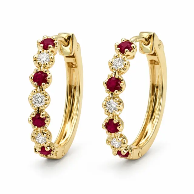 Natural Ruby & Diamond Hoop Earrings in 9ct Yellow Gold