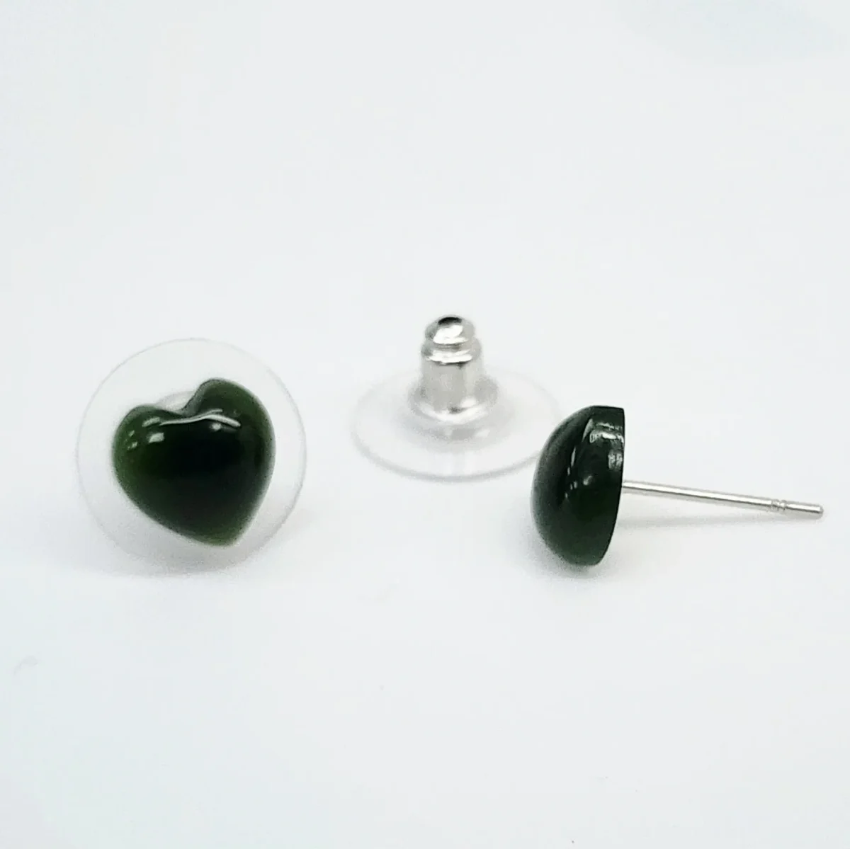 New Zealand Greenstone 8.10mm Wide Heart Shaped Stud Earrings in Surgical Steel