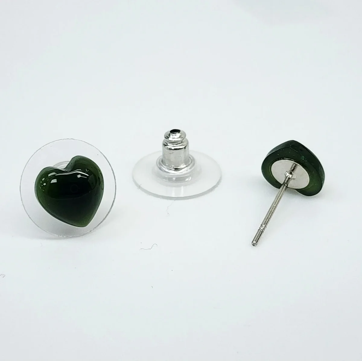 New Zealand Greenstone 8.10mm Wide Heart Shaped Stud Earrings in Surgical Steel
