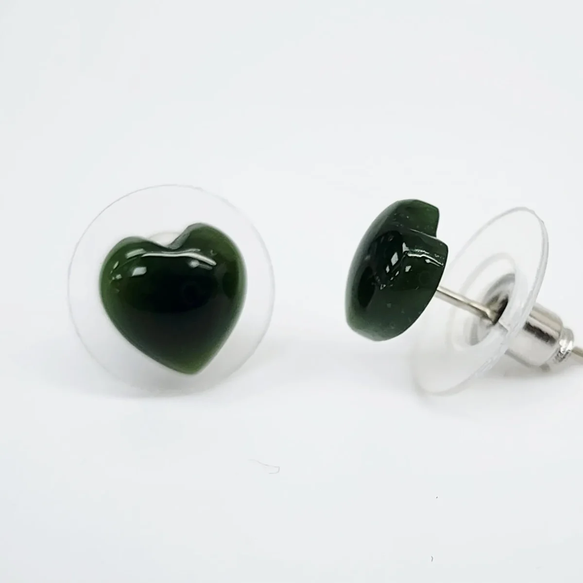New Zealand Greenstone 8.10mm Wide Heart Shaped Stud Earrings in Surgical Steel
