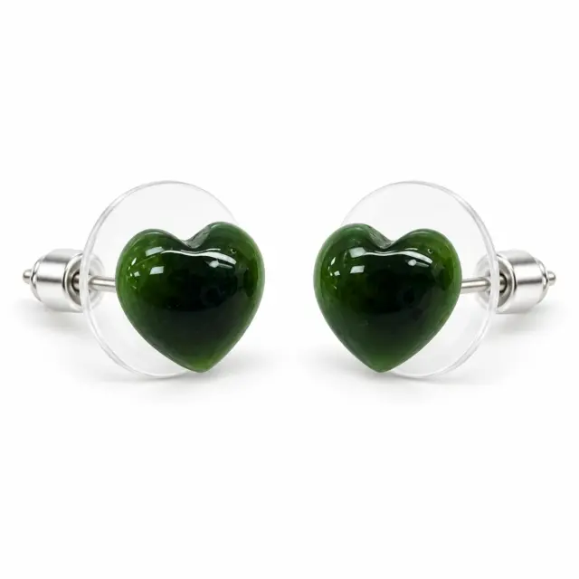 New Zealand Greenstone 8.10mm Wide Heart Shaped Stud Earrings in Surgical Steel