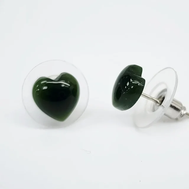 New Zealand Greenstone 8.10mm Wide Heart Shaped Stud Earrings in Surgical Steel