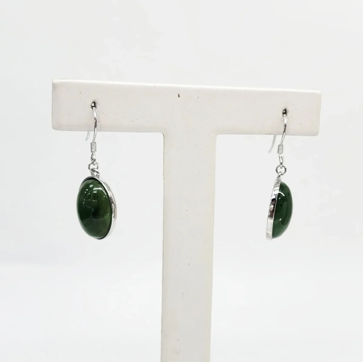 New Zealand Greenstone Oval Dome Hook Earrings – Sterling Silver Setting