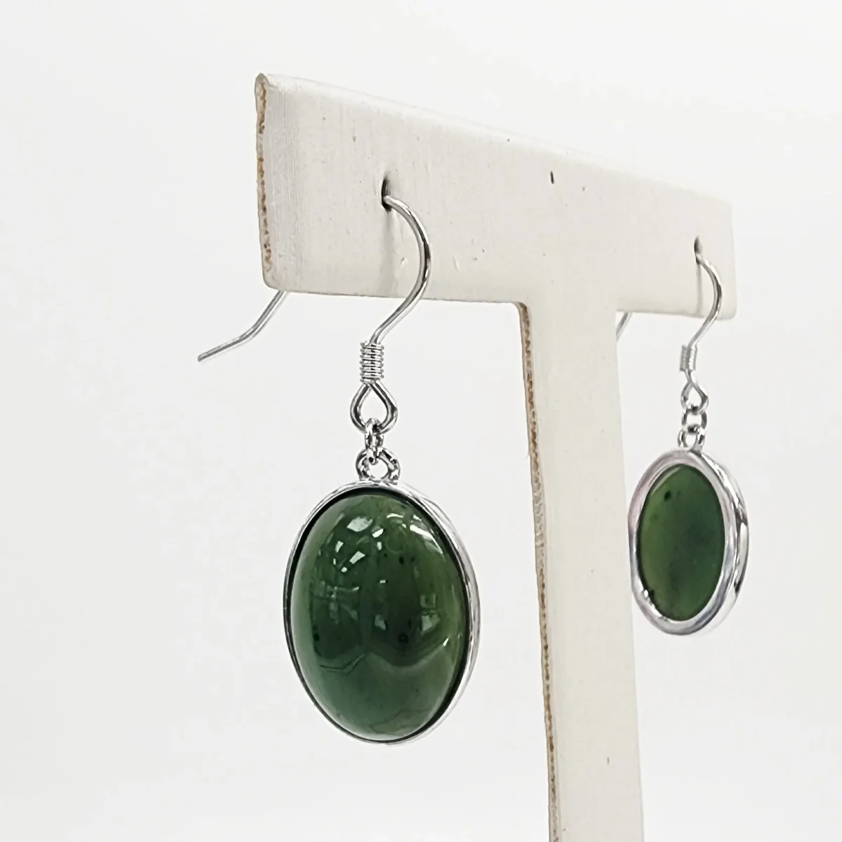 New Zealand Greenstone Oval Dome Hook Earrings – Sterling Silver Setting