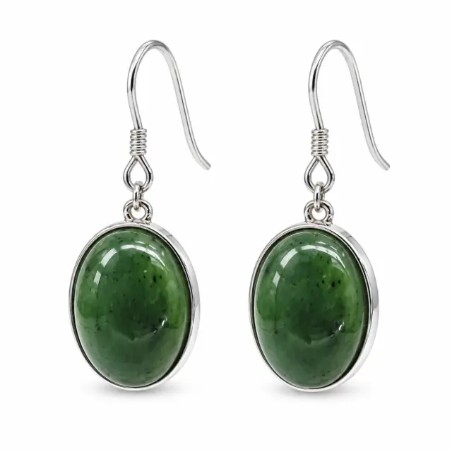 New Zealand Greenstone Oval Dome Hook Earrings – Sterling Silver Setting