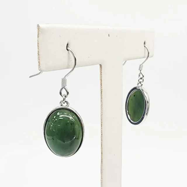 New Zealand Greenstone Oval Dome Hook Earrings – Sterling Silver Setting