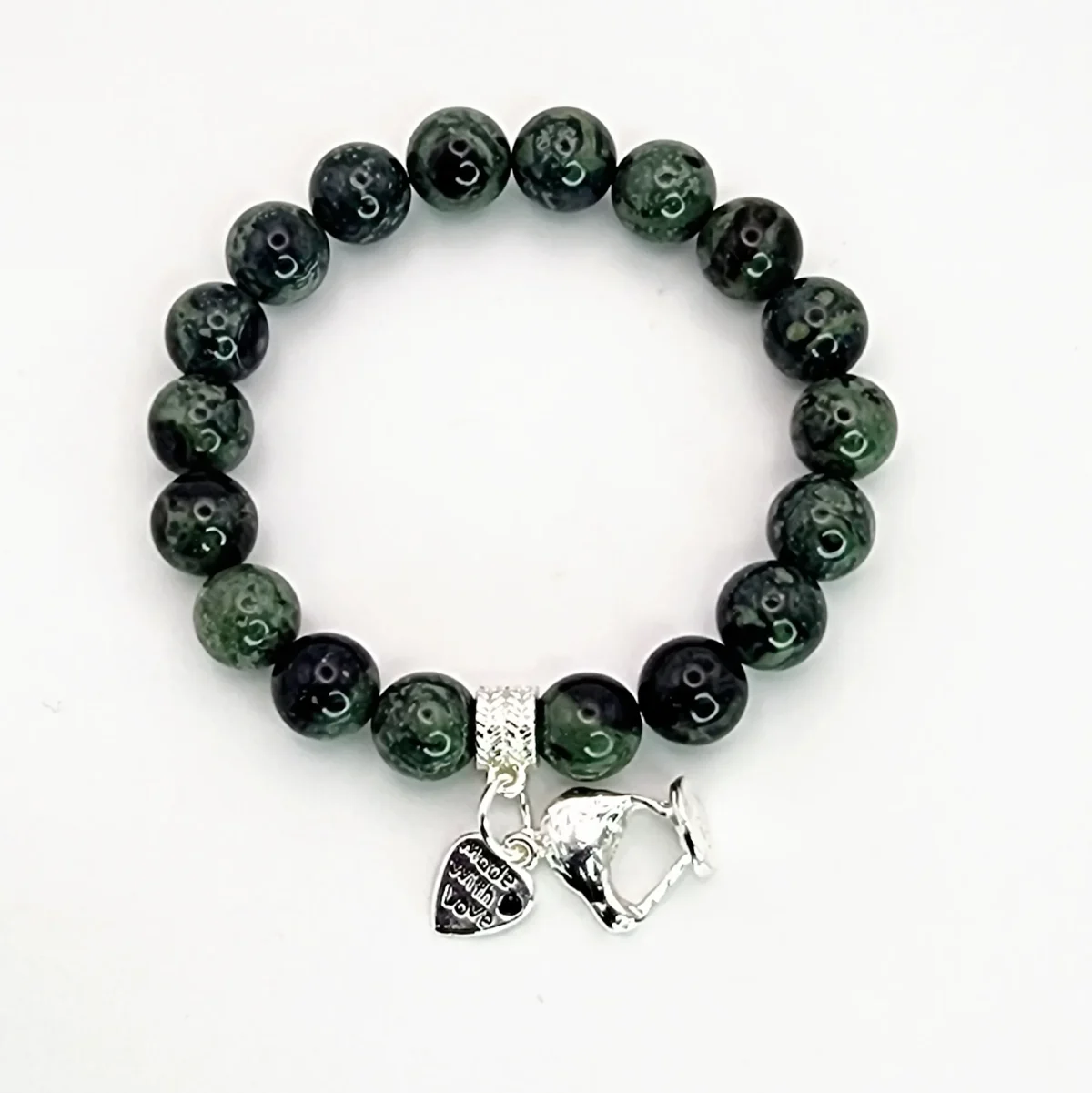 New Zealand Greenstone Pounamu Aroha Bead Bracelet with Dangle Charm SKU-NKB1