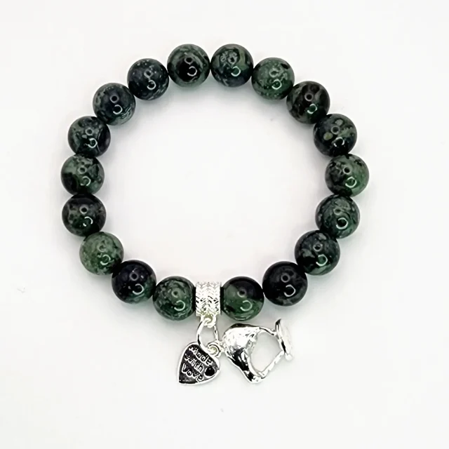 New Zealand Greenstone Pounamu Aroha Bead Bracelet with Dangle Charm SKU-NKB1