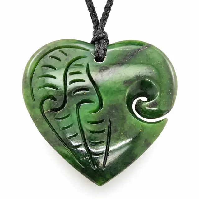 New Zealand Pounamu Engraved Heart with Koru Necklace - HPN321.61