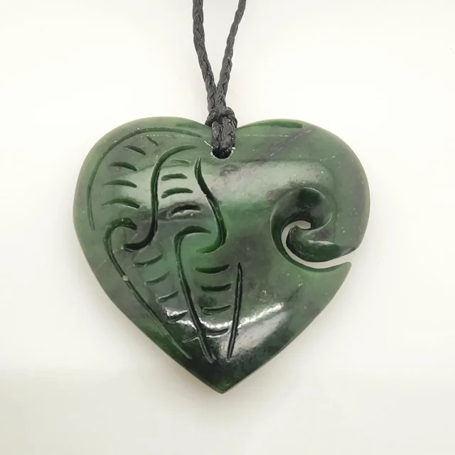 New Zealand Pounamu Engraved Heart with Koru Necklace - HPN321.61