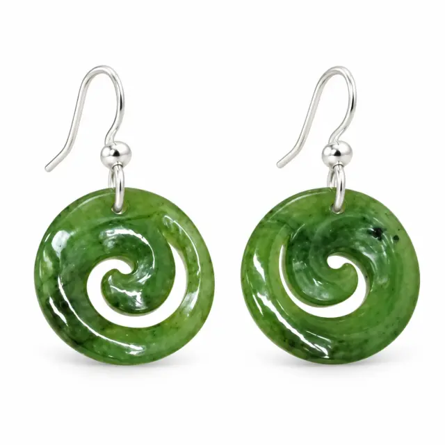 NZ Greenstone Closed Koru Earrings with Sterling Silver Hooks - HE60