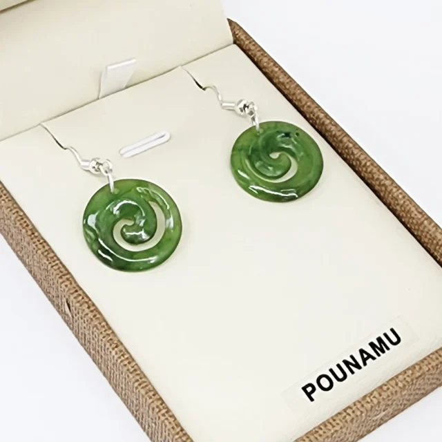 NZ Greenstone Closed Koru Earrings with Sterling Silver Hooks - HE60