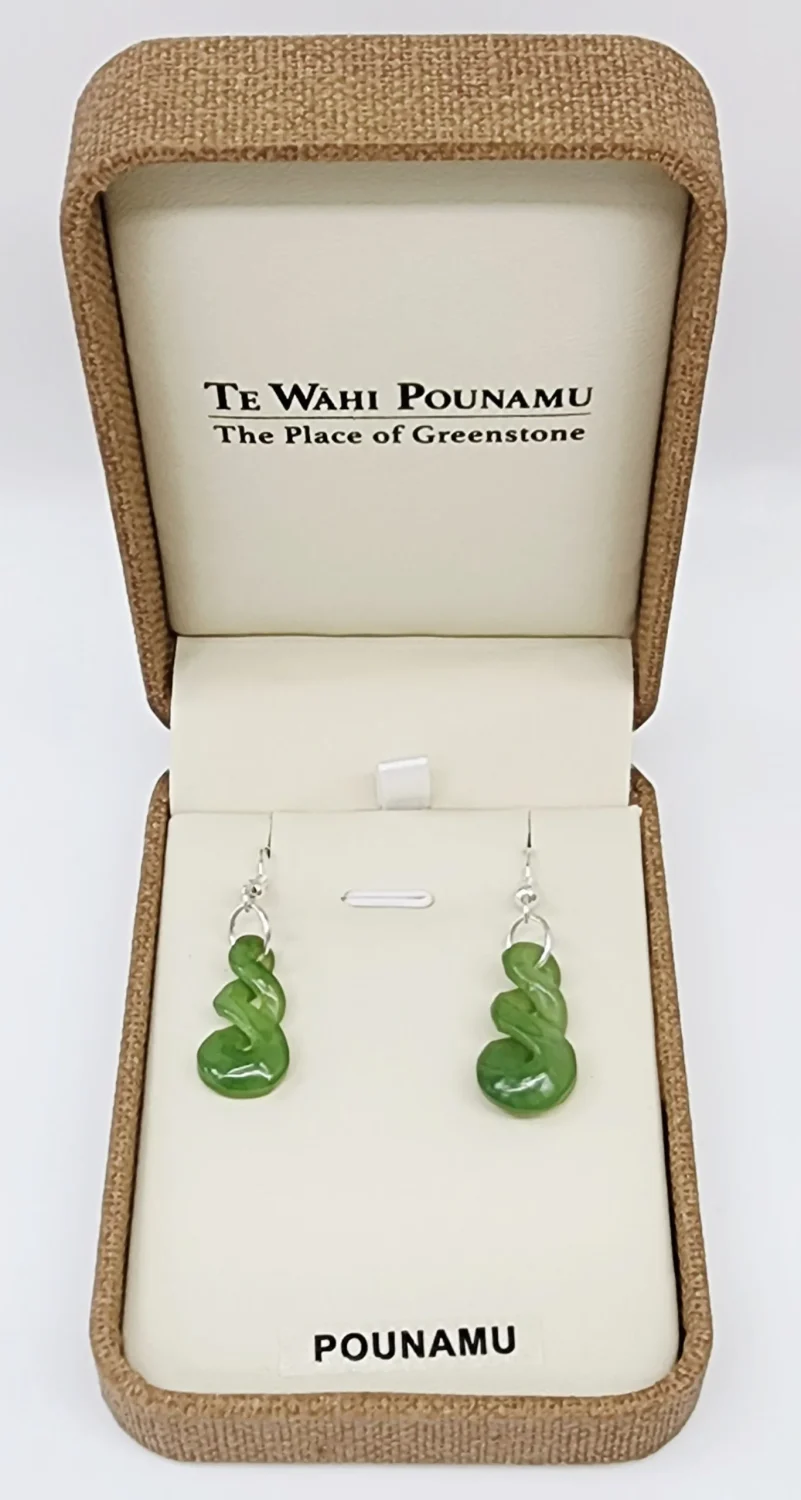 NZ Greenstone Double Twist Drop Earrings with Sterling Silver Hooks - HE55