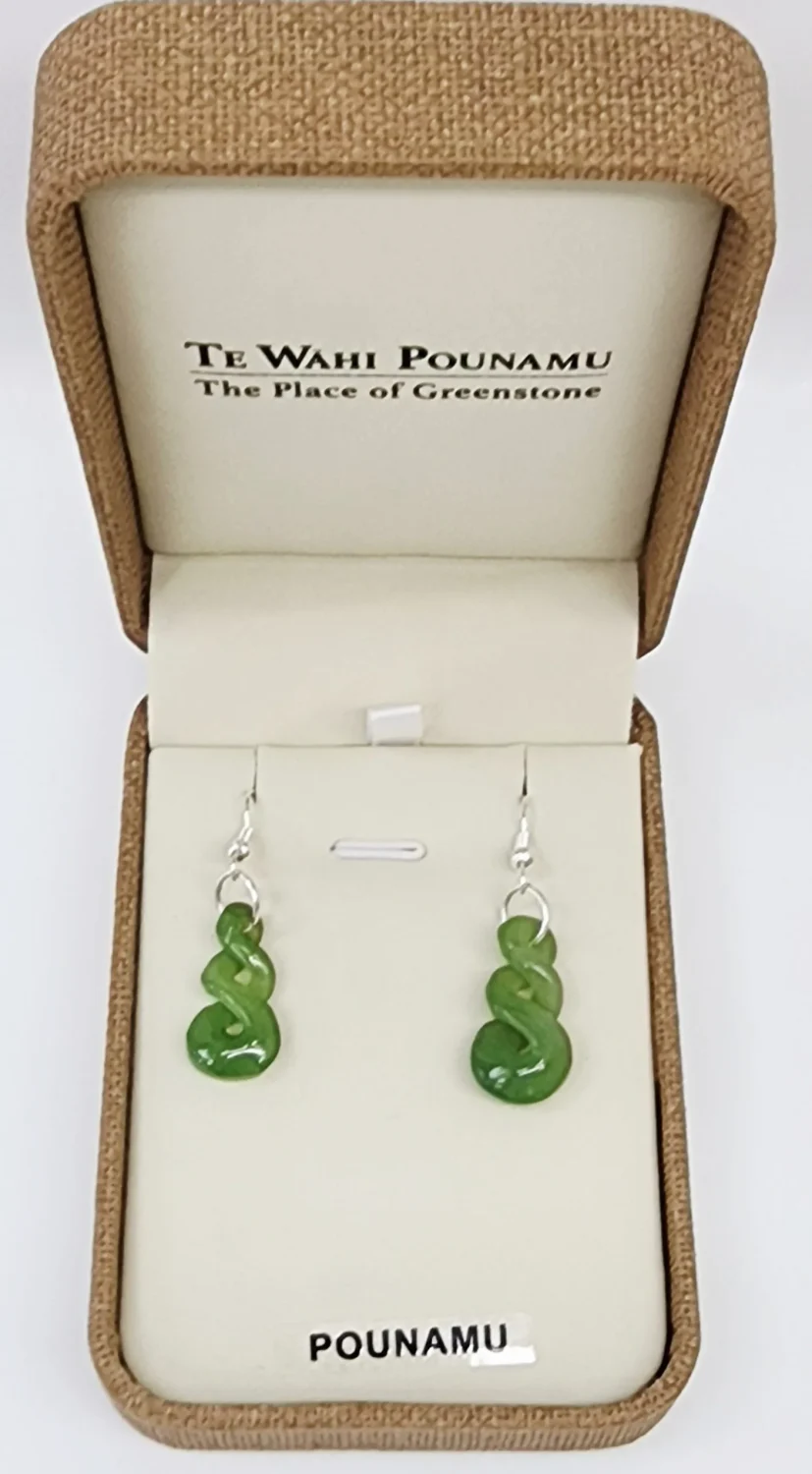 NZ Greenstone Double Twist Drop Earrings with Sterling Silver Hooks - HE55