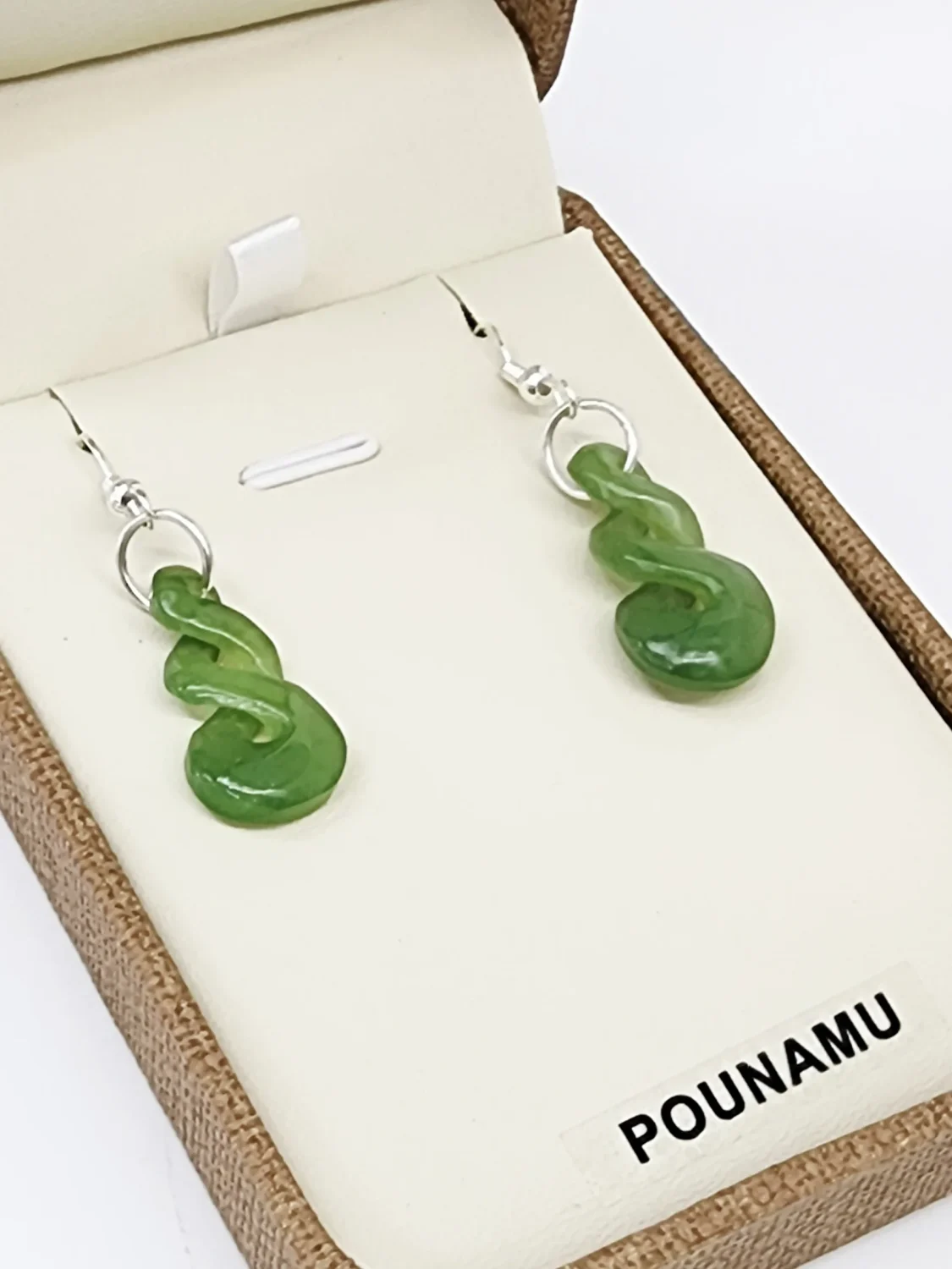 NZ Greenstone Double Twist Drop Earrings with Sterling Silver Hooks - HE55