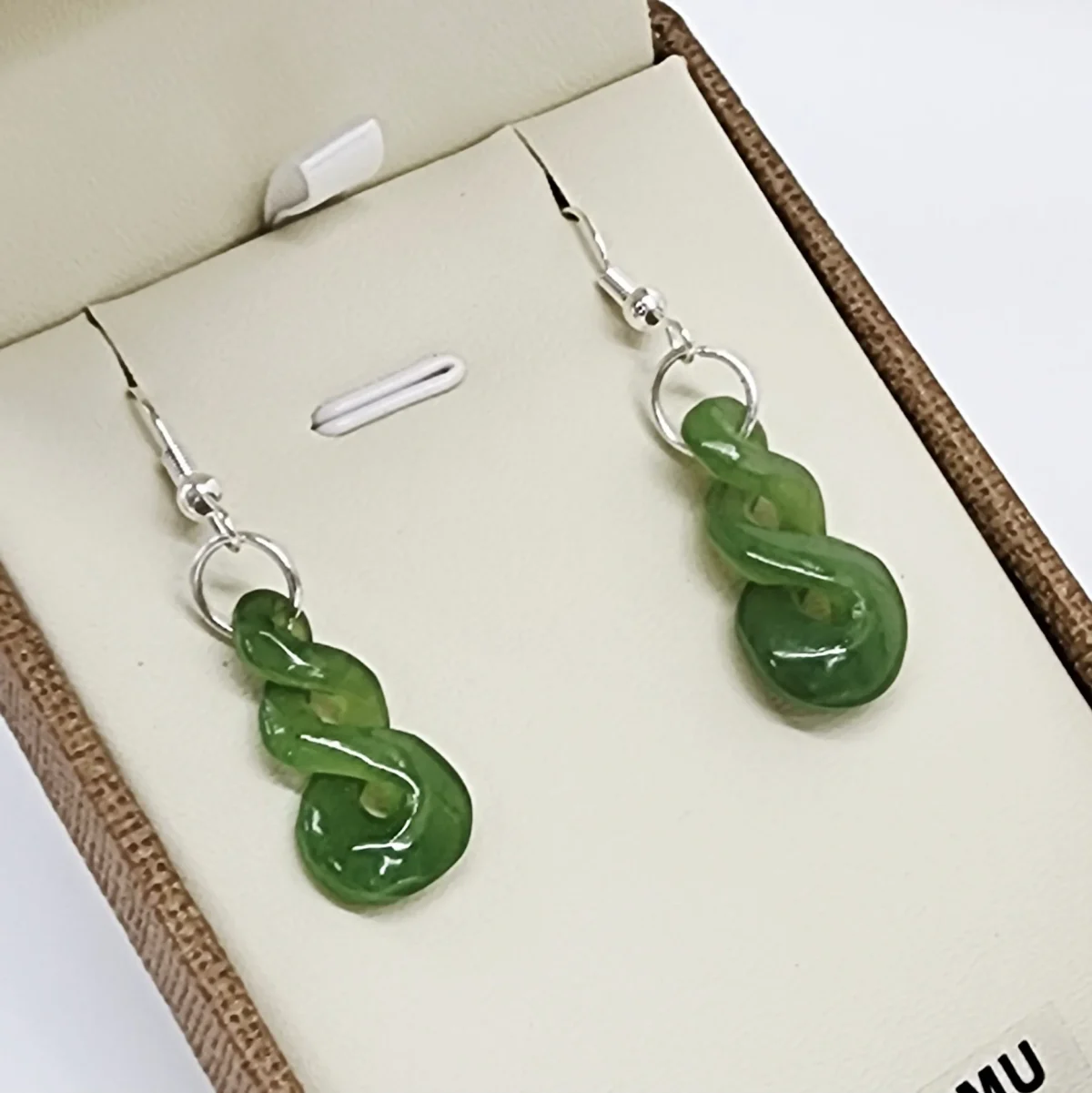 NZ Greenstone Double Twist Drop Earrings with Sterling Silver Hooks - HE55