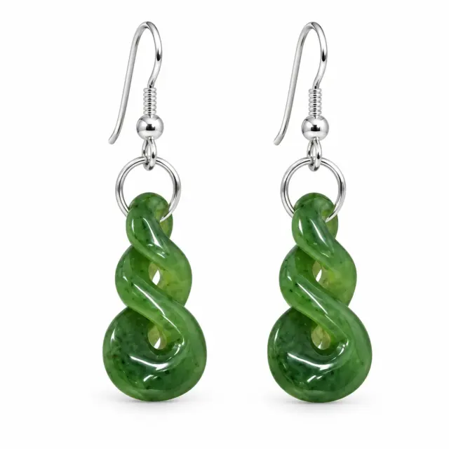 NZ Greenstone Double Twist Drop Earrings with Sterling Silver Hooks - HE55