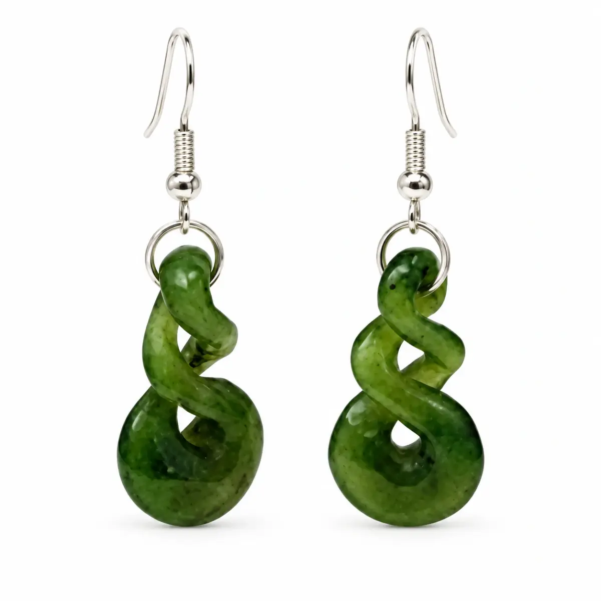 NZ Greenstone Double Twist Earrings 25mm with Sterling Silver Hooks