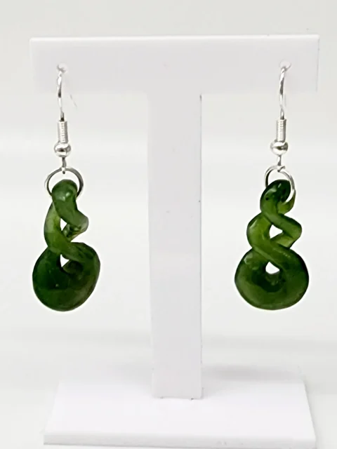 NZ Greenstone Double Twist Earrings 25mm with Sterling Silver Hooks