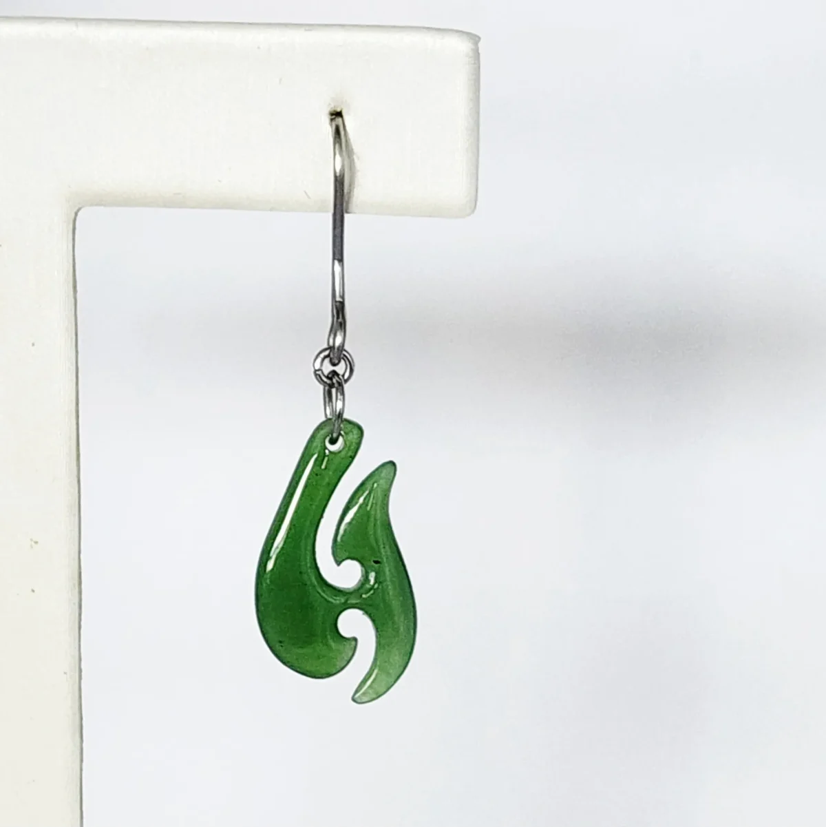 NZ Greenstone Fish Hook Earrings with Sterling Silver Hooks - E1637.55