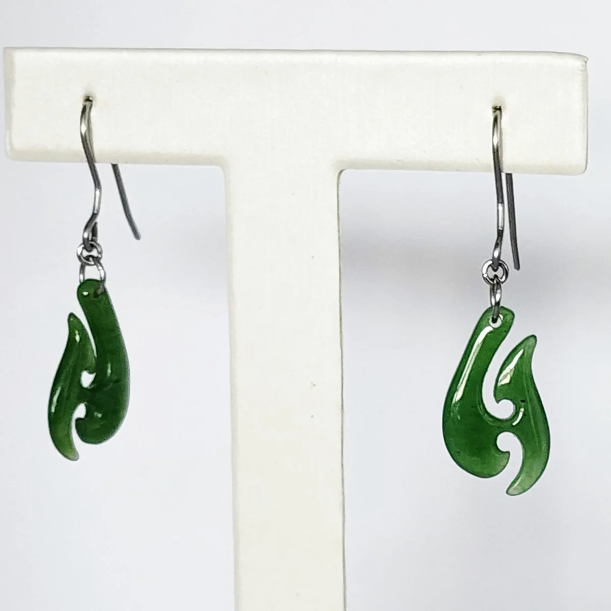 NZ Greenstone Fish Hook Earrings with Sterling Silver Hooks - E1637.55