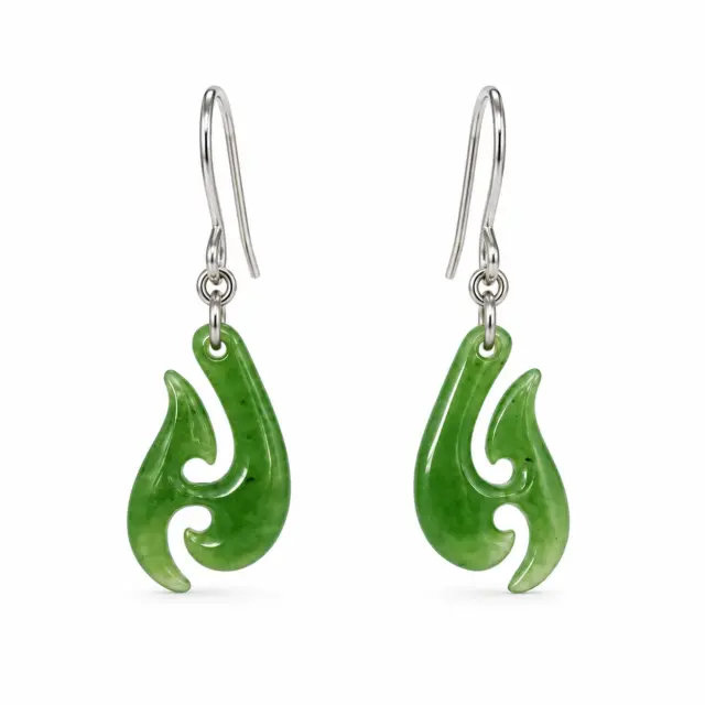 NZ Greenstone Fish Hook Earrings with Sterling Silver Hooks - E1637.55