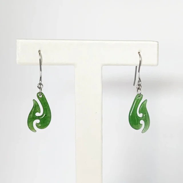 NZ Greenstone Fish Hook Earrings with Sterling Silver Hooks - E1637.55