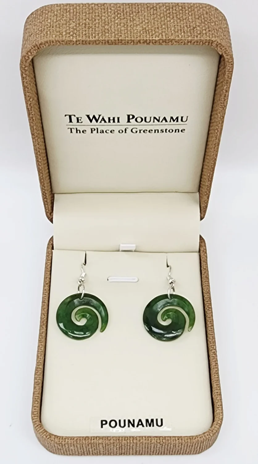 NZ Greenstone Koru Earrings with Sterling Silver Hooks - HE54