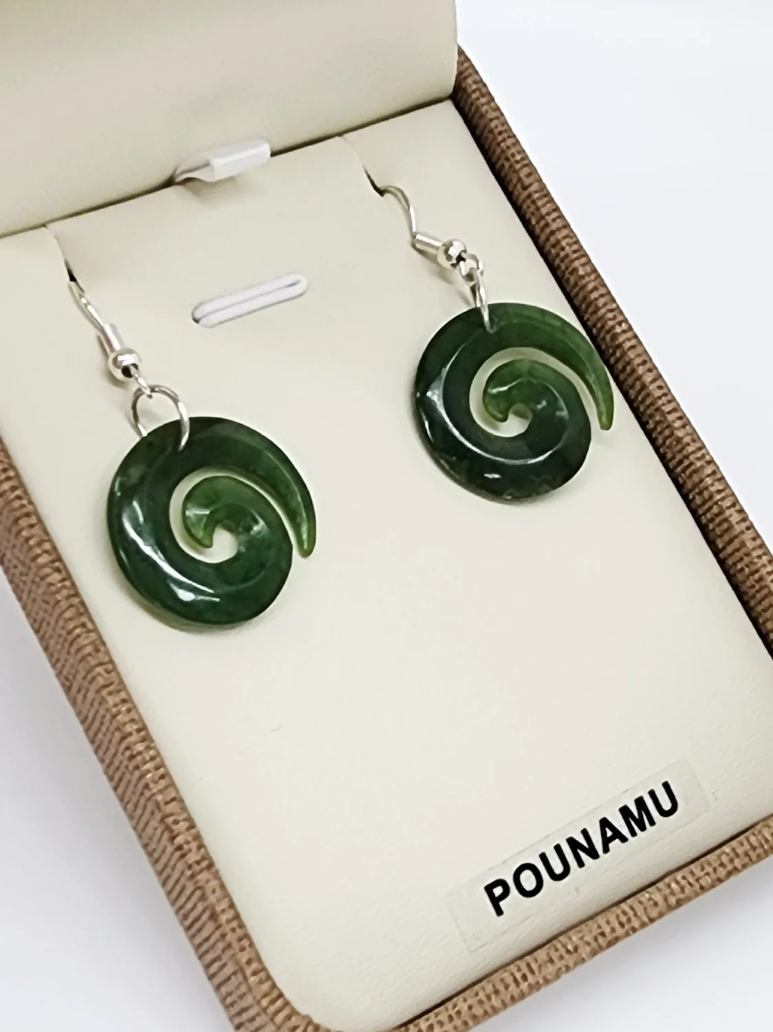 NZ Greenstone Koru Earrings with Sterling Silver Hooks - HE54