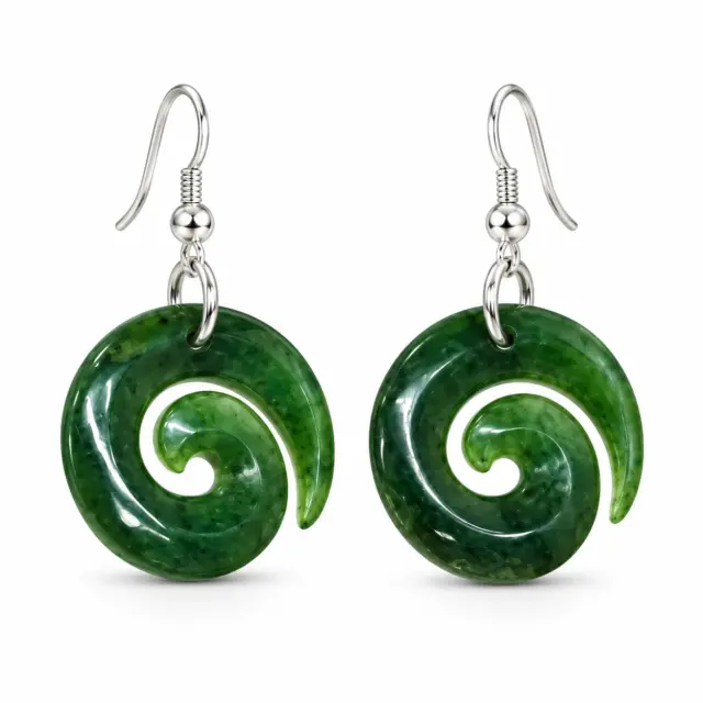 NZ Greenstone Koru Earrings with Sterling Silver Hooks - HE54