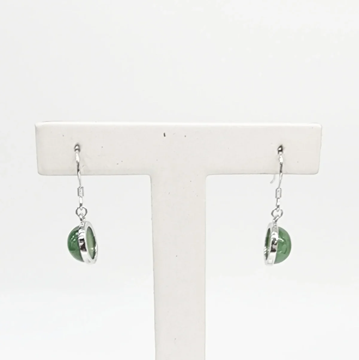 NZ Greenstone Round Half-Ball Hook Earrings – Sterling Silver Setting