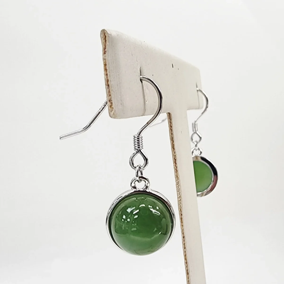 NZ Greenstone Round Half-Ball Hook Earrings – Sterling Silver Setting