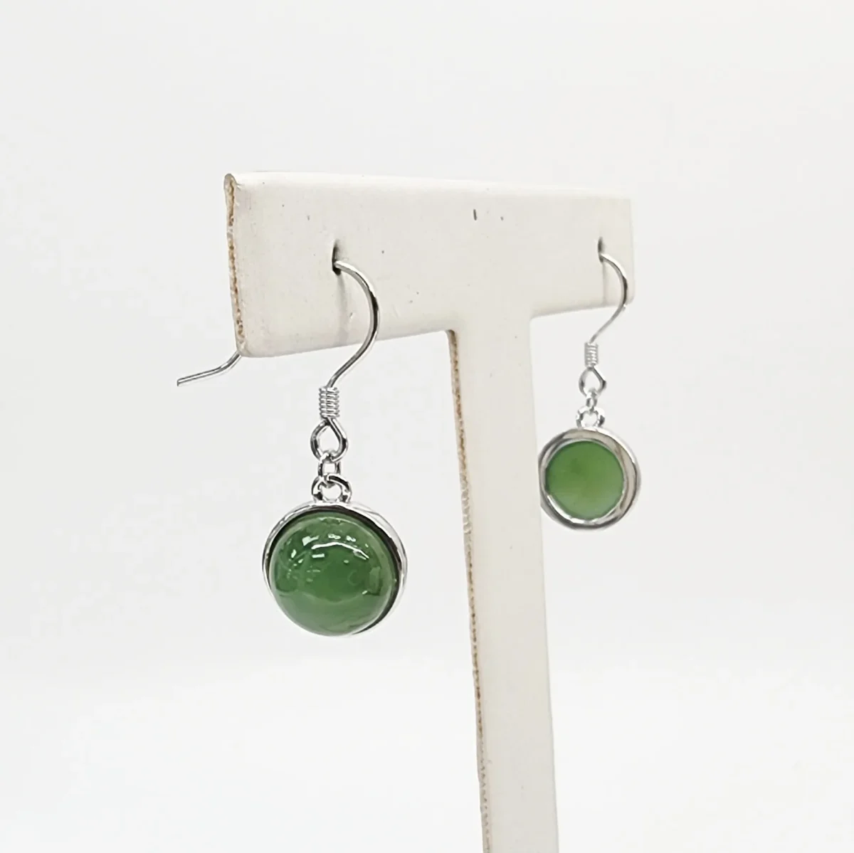 NZ Greenstone Round Half-Ball Hook Earrings – Sterling Silver Setting