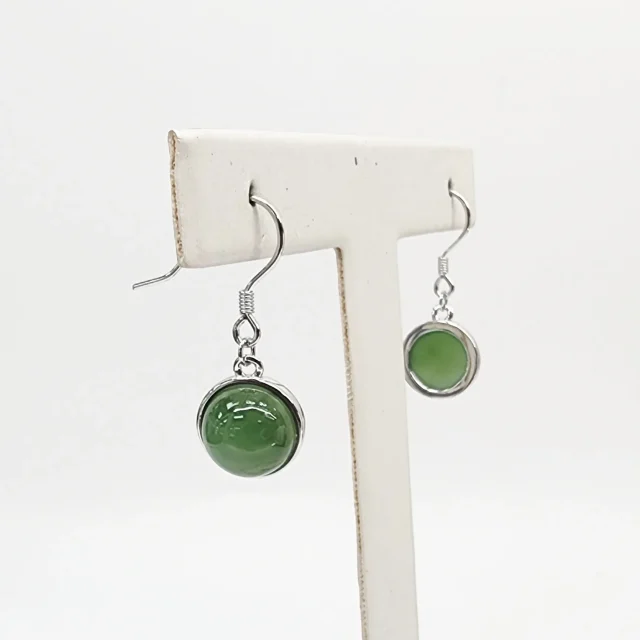 NZ Greenstone Round Half-Ball Hook Earrings – Sterling Silver Setting