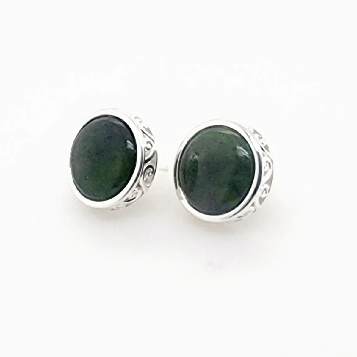 NZ Greenstone with Sterling Silver Double Koru Filigree Large Stud Earrings