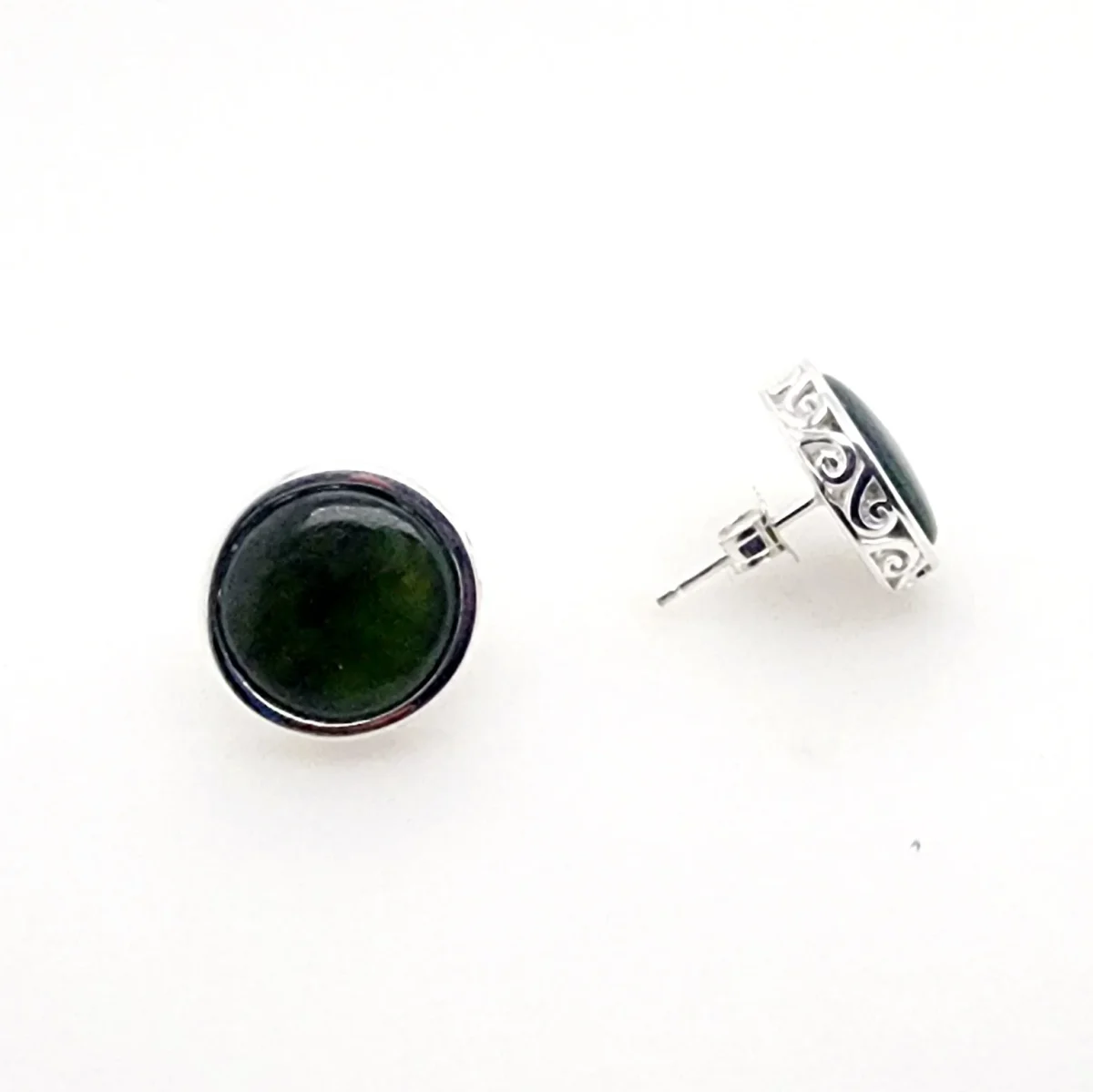 NZ Greenstone with Sterling Silver Double Koru Filigree Large Stud Earrings