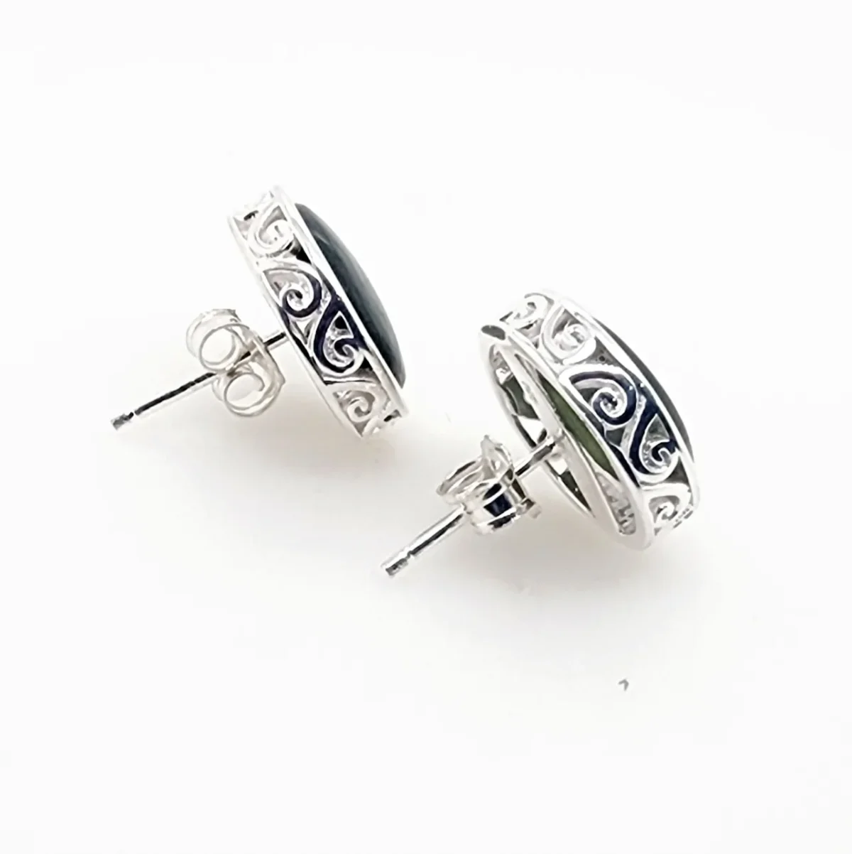NZ Greenstone with Sterling Silver Double Koru Filigree Large Stud Earrings