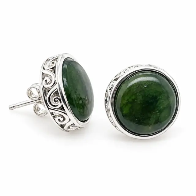 NZ Greenstone with Sterling Silver Double Koru Filigree Large Stud Earrings