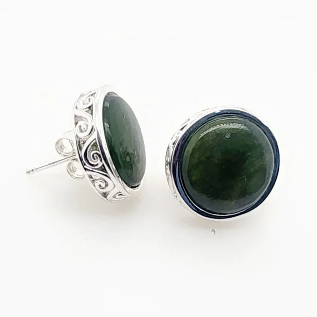 NZ Greenstone with Sterling Silver Double Koru Filigree Large Stud Earrings