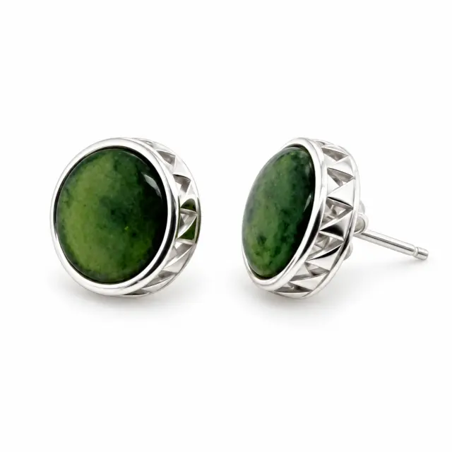 NZ Greenstone with Sterling Silver Maori Weave Inspired Large Stud Earrings