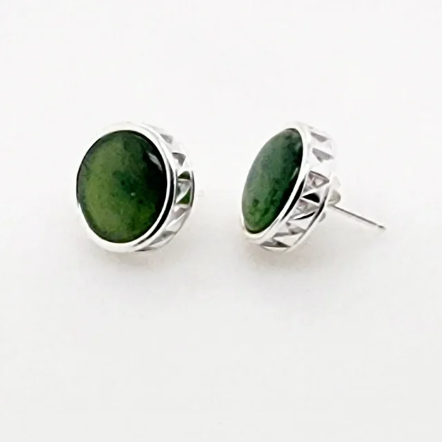 NZ Greenstone with Sterling Silver Maori Weave Inspired Large Stud Earrings