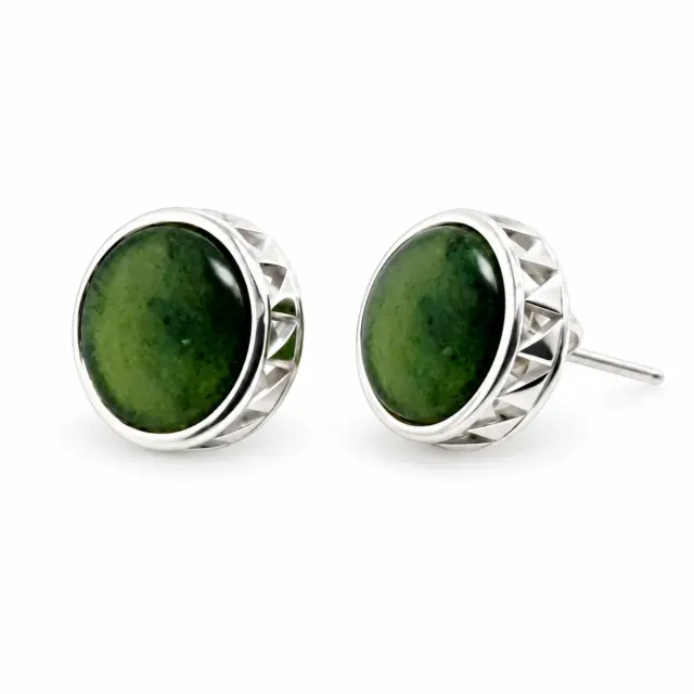 NZ Greenstone with Sterling Silver Maori Weave Inspired Medium Stud Earrings