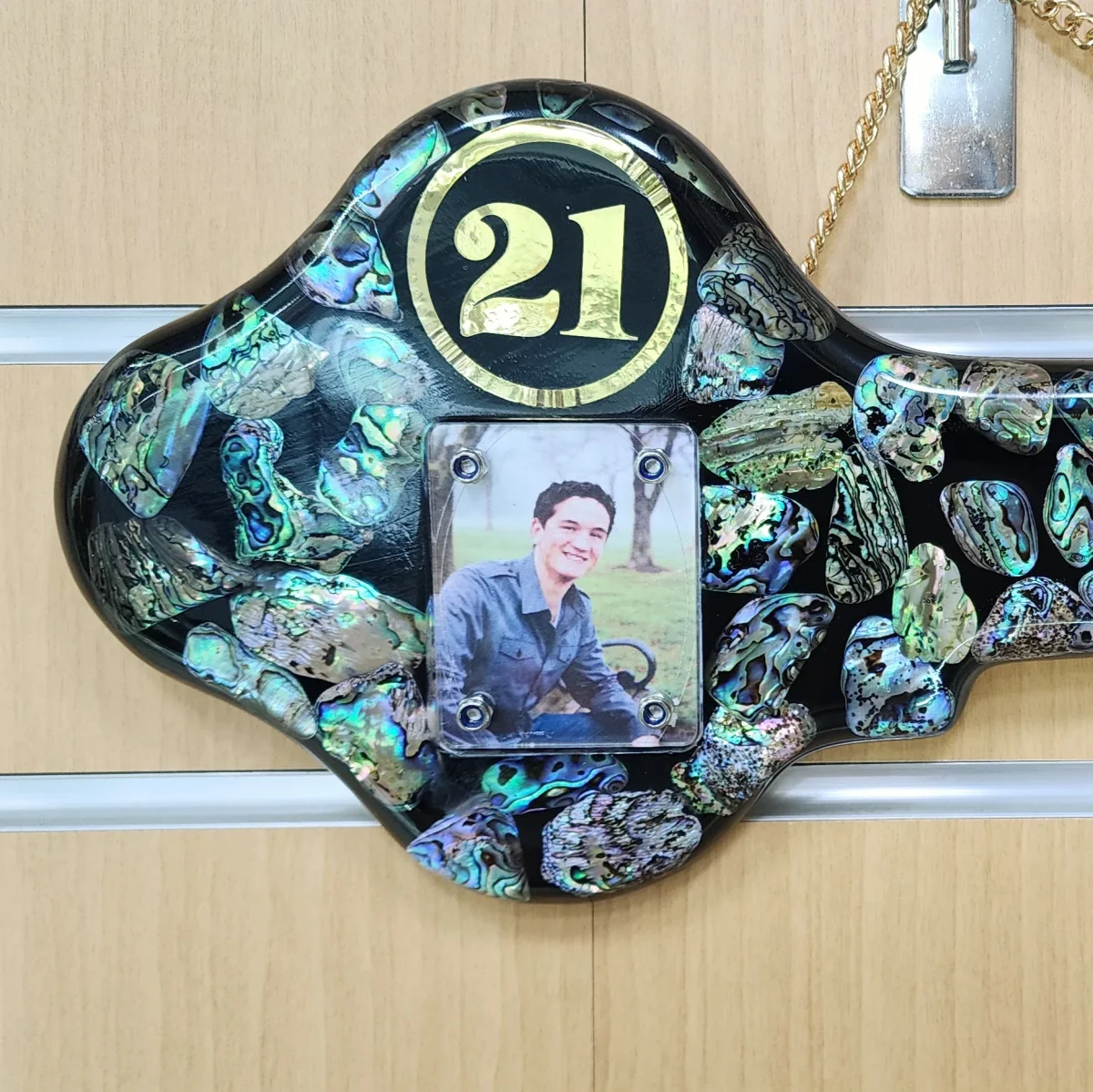 NZ Paua Shell 21st Key with Photo Slot & “Congratulations” - Design PAUA2402