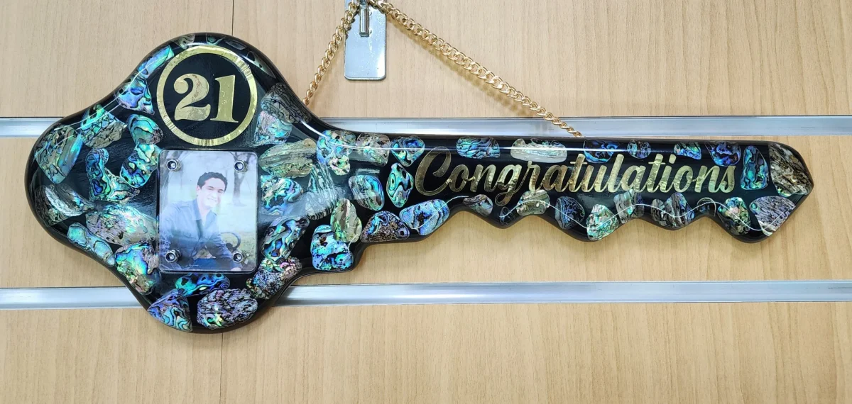 NZ Paua Shell 21st Key with Photo Slot & “Congratulations” - Design PAUA2402