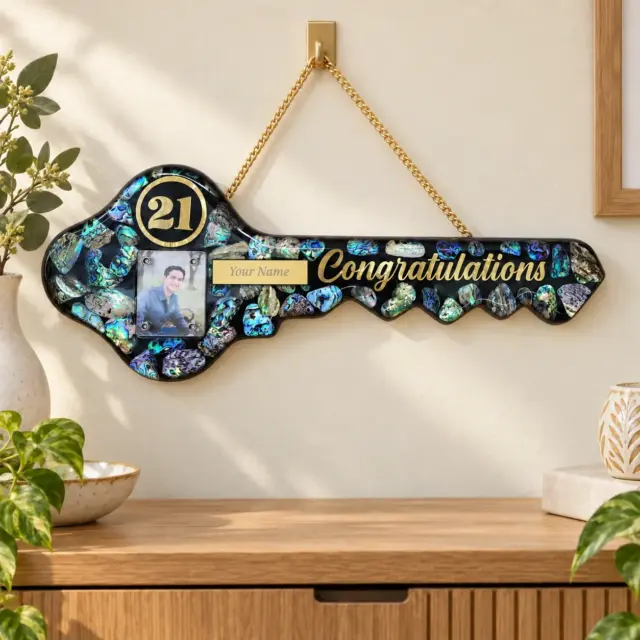 NZ Paua Shell 21st Key with Photo Slot & “Congratulations” - Design PAUA2402