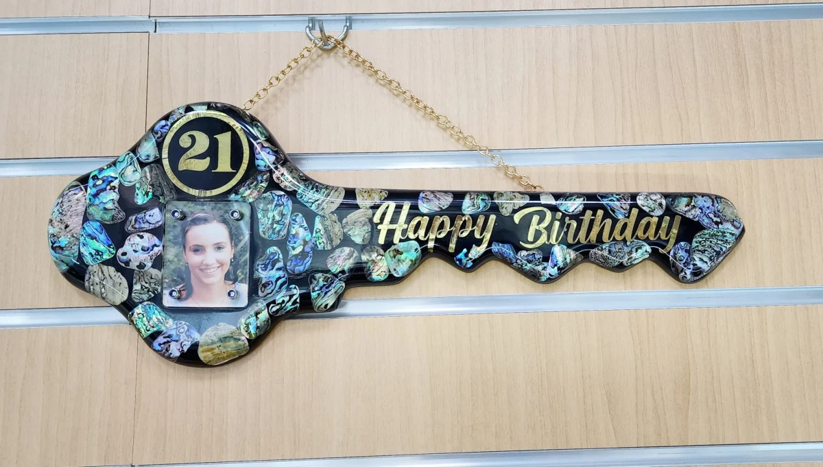 NZ Paua Shell 21st Key with Photo Slot & “Happy Birthday” - Design PAUA2404
